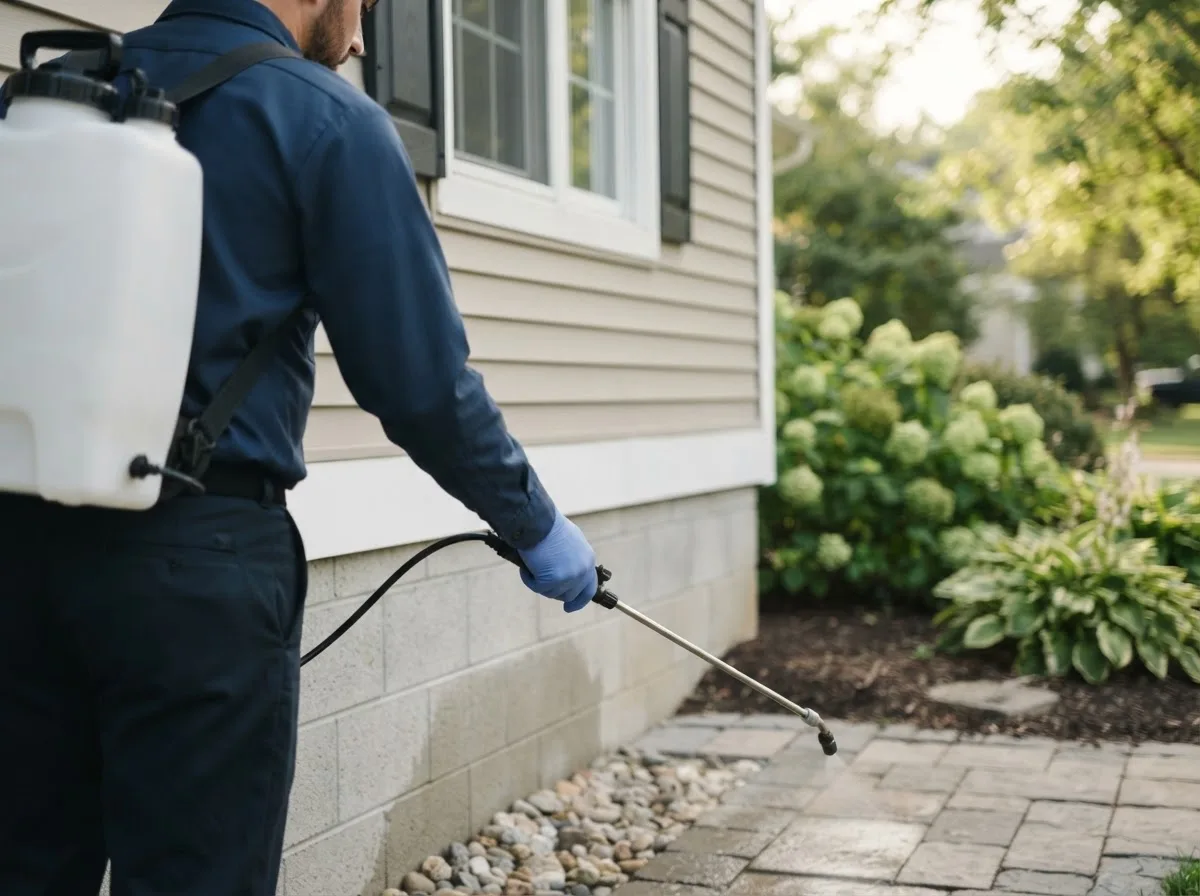 Pest control technician inspecting a home in Mcconnelsville, OH